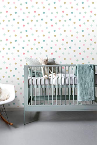 papel pintado puntos lunares rosa, azul, verde y oro - 139041 - de ESTAhome.nl