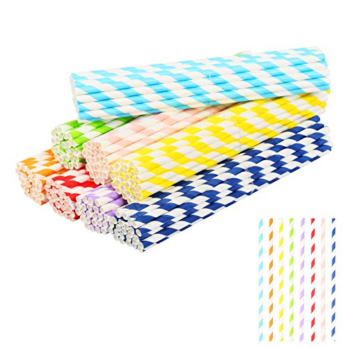 PATAZOK Pajitas de Papel de Rayas 200 PCS Pajitas de Papel Bebidas Cóctel Jugo de Fruta Decoración Cumpleaños Bodas Nacimientos Fiestas Suministro Restaurante Bar 8 Tipos