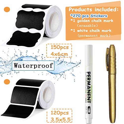Pegatina de Pizarra, 270PCS Pegatina Reutilizable + 2 Rotuladores, Pegatina de Pizarra Extraíble Impermeable para Decorar Tarros, Vino, Despensa, Hogar y Oficina
