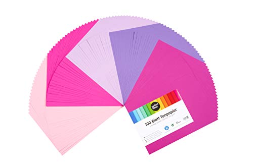 perfect ideaz Papel tintado A4 100 hojas de colores,rosa, pink, lila, morado, eosin, 5 colores diferentes, grosor de 130g/m², Papel para manualidades de la mayor calidad