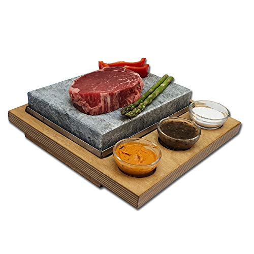 Piedrasar Piedra volcánica para Carne de 15x20x3cm Color Roble con Tres salseros