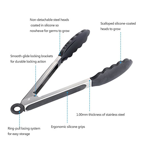 Pinzas de Cocina, GWCLEO Pinzas para Barbacoa en Acero Inox y Silicona, Pinzas para Ensalada y Servir con Consejos sin Rasguños y Mangos de Cojín de Silicona Anti-Deslizante(Negro, 9 y 12 Pulgadas)