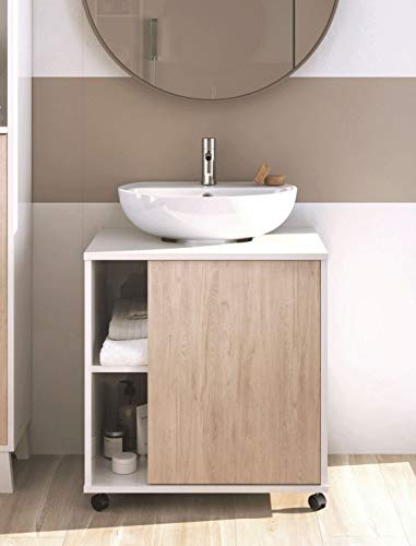 Pitarch Mueble baño Lavabo Pedestal Saina lavamanos pie Blanco Brillo y Roble 1 Puerta 59x45