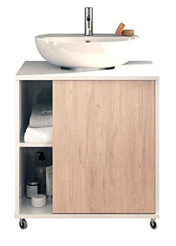 Pitarch Mueble baño Lavabo Pedestal Saina lavamanos pie Blanco Brillo y Roble 1 Puerta 59x45