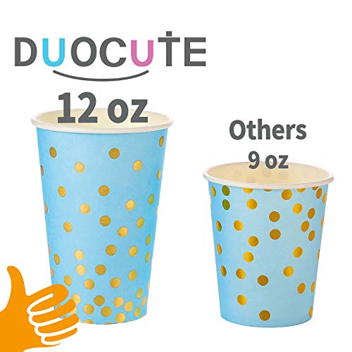 Platos Desechables Fiesta Oro Azul 200PCS Vajilla Cumpleaños Desechable Dorada Incluye Platos de Papel de 9" y 7",Vasos de 12oz y Servilletas,para BabyShower,Cumpleaños de Niño,Tertulia (50 Invitados)