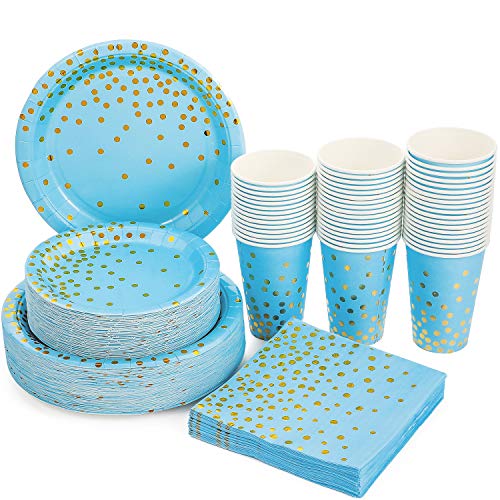 Platos Desechables Fiesta Oro Azul 200PCS Vajilla Cumpleaños Desechable Dorada Incluye Platos de Papel de 9" y 7",Vasos de 12oz y Servilletas,para BabyShower,Cumpleaños de Niño,Tertulia (50 Invitados)