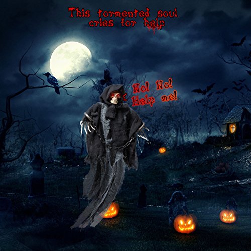 PREXTEX - Esqueleto Fantasma Animado con Ojos Rojos Que Brillan- Decoración para Halloween - 50,8 cm