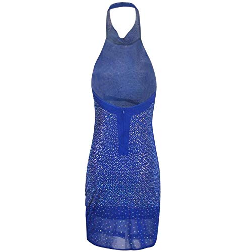pridesong Cuello Colgante Espalda Abierta Malla Vestido de Noche de perforación en Caliente Sexy Vestido de Discoteca Azul S