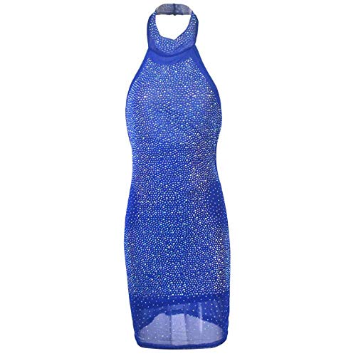 pridesong Cuello Colgante Espalda Abierta Malla Vestido de Noche de perforación en Caliente Sexy Vestido de Discoteca Azul S