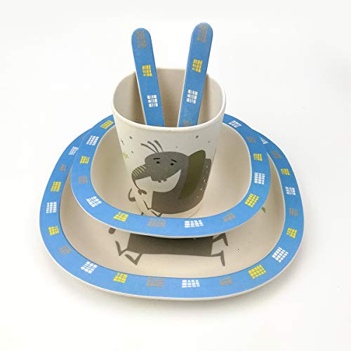 profesional vajilla Infantil Bebe de bambú 5 Piezas cubertería para niños Vaso de Beber Plato para niños Reciclaje de Material Natural-Elefante