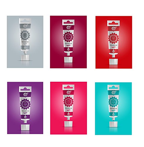 PROGEL - 6 X Gel colorante comestible de pigmentación muy concentrada (Gris, borgoña, rojo, púrpura, rosa y turquesa.)