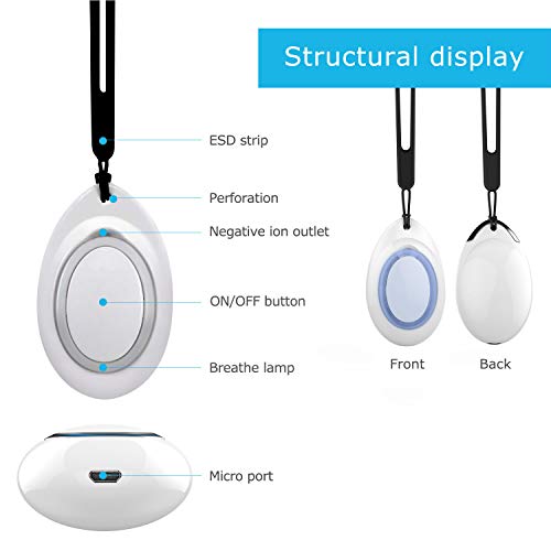 Purificador de aire portátil, Ambientador de collar personal, Ionizador portátil Eliminador de bacterias de humo Limpiador de aire recargable USB Generador de iones negativos, Bajo nivel de ruido