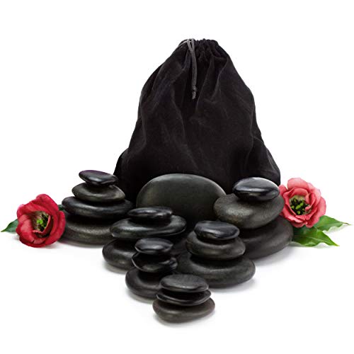 Purovi Set Profesional de Piedras Calientes para Masaje | 20 Piedras de Basalto natural | Elegante Bolsa de Terciopelo