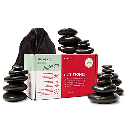 Purovi Set Profesional de Piedras Calientes para Masaje | 20 Piedras de Basalto natural | Elegante Bolsa de Terciopelo