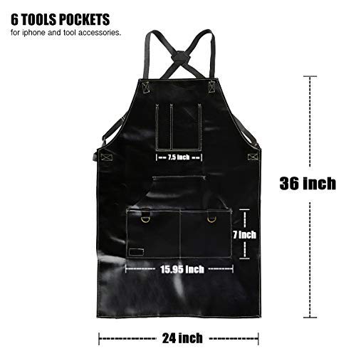 QeeLink - Delantal de Piel para Cocina, Barbacoa y Parrilla con 6 Bolsillos, Color Negro