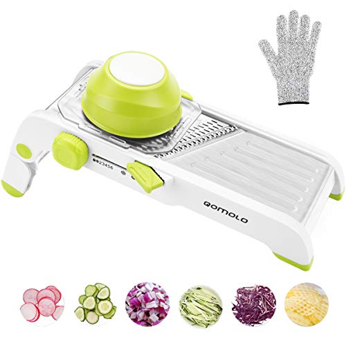 Qomolo Cortador de Verdura Mandolina,18 en 1 Multifuncional Acero Inoxidable Mandolina de Cocina,Ajustable Cortador de Alimentos Slicer para Frutas y Verduras,Guantes a Prueba de Cortes Incluido