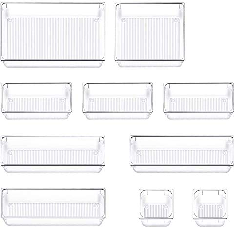 Queta Cajas Organizador de Cajón Plástico, 10 Organizadores Transparentes para Cajones, Bandejas de Maquillaje Papelería Cubiertos para Baño Oficina Escritorio, Organizadores para Maquillaje 10pcs
