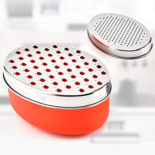 Rallador de queso con 2 cuchillas de acero inoxidable y recipiente para alimentos, picador de verduras, cortador de cocina, triturador de queso y verduras. Tamaño libre rojo