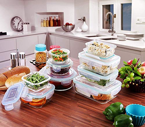 Recipiente - Contenedor de Almacenamiento de Alimentos de Vidrio - 18 piezas (9 envases + 9 tapas) Tapas transparentes - Sin BPA - Para la Cocina o el Restaurante de Uso Doméstico – por KICHLY