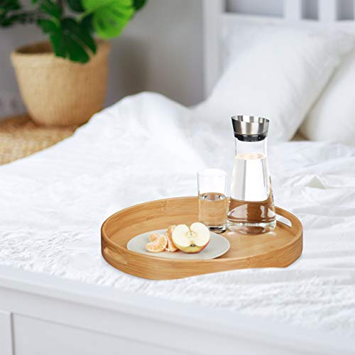 Relaxdays Bandeja Camarero Redonda con Asas y Reborde, Bambú, Marrón, 38.5 cm