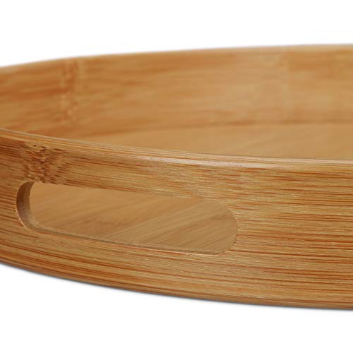 Relaxdays Bandeja Camarero Redonda con Asas y Reborde, Bambú, Marrón, 38.5 cm