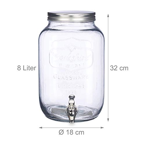 Relaxdays Dispensador de bebidas con grifo, Cristal, Vintage, Expendedor de refrescos, 8 L, Transparente