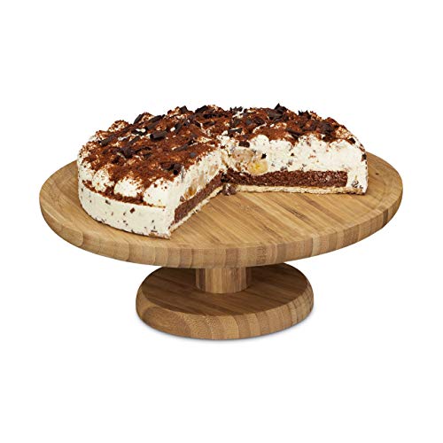 Relaxdays Soporte para Tartas, Pie Expositor Redondo, Base Pastel, Plato, Fuente, Bambú, 1 Ud, 11,5 x 33 cm, Marrón, 11.5 x 33 cm