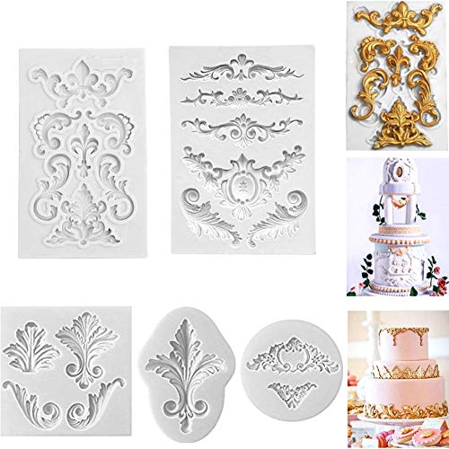 Relieve Barroco Vintage Silicona Molde Fondant Encaje Flor Frontera Decoración de la torta Decoración de la magdalena Pasta de hielo Molde para hornear Chocolate Sugarcraft DIY Paquete de 5 (Blanco)