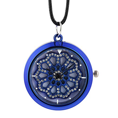 Reloj de bolsillo vintage con collar para dama, color azul, giratorio, con esfera de diamante, para mujer, el significado de la buena fortuna Befell de cuero con colgante de cadena para niñas
