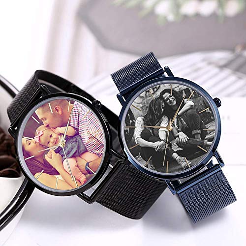 Reloj de Cuarzo con Foto Personalizado Reloj de Pulsera de Acero Inoxidable Personalizado para Hombres Hecho-Día del Padre Reloj Simple de Moda Regalo-Oro/Negro/Azul
