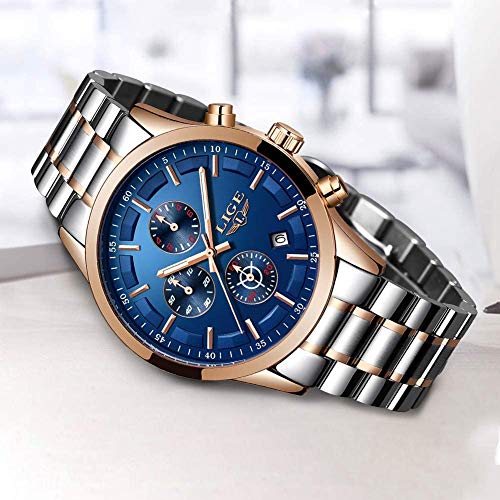Reloj de Hombre Impermeable Acero Inoxidable Relojes de Cuarzo Analógicos Negocios Fecha Calendario Cronógrafo Marca LIGE Moda Casual Plata Fleje de Acero Reloj de Pulsera