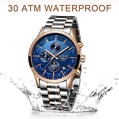 Reloj de Hombre Impermeable Acero Inoxidable Relojes de Cuarzo Analógicos Negocios Fecha Calendario Cronógrafo Marca LIGE Moda Casual Plata Fleje de Acero Reloj de Pulsera