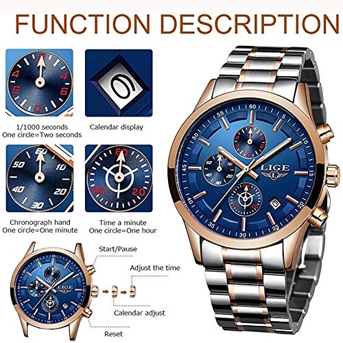 Reloj de Hombre Impermeable Acero Inoxidable Relojes de Cuarzo Analógicos Negocios Fecha Calendario Cronógrafo Marca LIGE Moda Casual Plata Fleje de Acero Reloj de Pulsera
