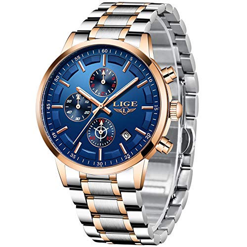 Reloj de Hombre Impermeable Acero Inoxidable Relojes de Cuarzo Analógicos Negocios Fecha Calendario Cronógrafo Marca LIGE Moda Casual Plata Fleje de Acero Reloj de Pulsera