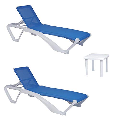 resol set de 2 tumbonas jardín exterior Acqua estructura blanca, textilene azul y 1 mesa auxiliar Andorra blanca