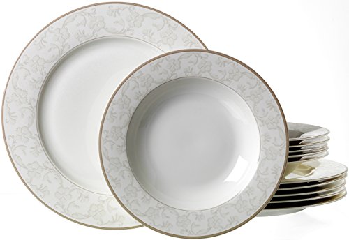 Ritzenhoff & Breker Isabella - Vajilla (12 Piezas, Fina Porcelana China), Color Blanco con decoración, Porcelana de Ceniza de Hueso, weiß mit ornamenten, 31 x 28 x 33 cm