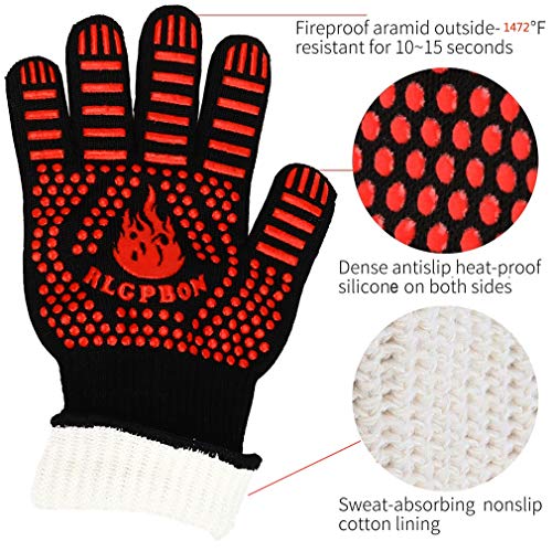 RLGPBON Guantes de Barbacoa, Resistentes Al Calor Extremo hasta 800°C, Guantes de Cocina, Guantes Horno, Oven Gloves para Microondas y Parrilla, Guantes para Cocinar Chimenea Hornear Asar 33cm (1 Par)