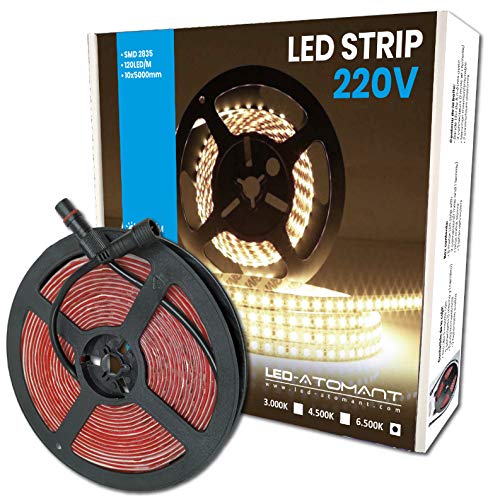 Rollo de 5 metros de Tira de Luz LED Directa a 220v con conectores. Color Blanco Frio (6500K). Impermeable. Corte cada 10cm. A++