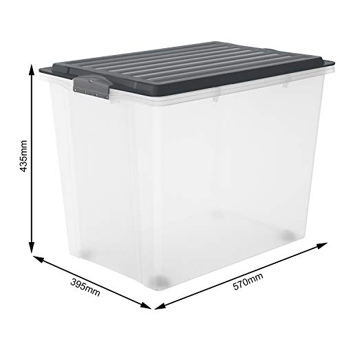 Rotho Compact, Caja de almacenamiento 70l con tapa y ruedas, Plástico PP sin BPA, gris, transparente, A3, 70l 57.0 x 39.5 x 43.5 cm