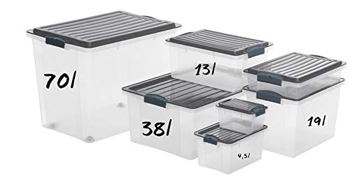 Rotho Compact, Caja de almacenamiento 70l con tapa y ruedas, Plástico PP sin BPA, gris, transparente, A3, 70l 57.0 x 39.5 x 43.5 cm