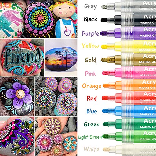 Rotuladores De Pintura Acrílica,YITHINC Juego De 12 Rotuladores para Pintar en Piedra, Cerámica, Porcelana, Vidrio, Guijarros, Tela, Lienzo, Madera y Diseño De Tazas Personalizadas