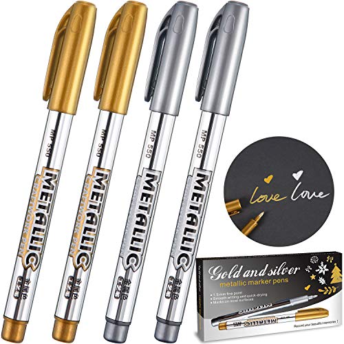 Rotuladores Metálicos Dorados y Plateados, Marcadores Permanentes Metálicos Adecuados para Tarjetas Escritura Firma Letras Plumas Metálicas Pintura (Dorado y Plateado, 1,5 mm 4 Plumas)