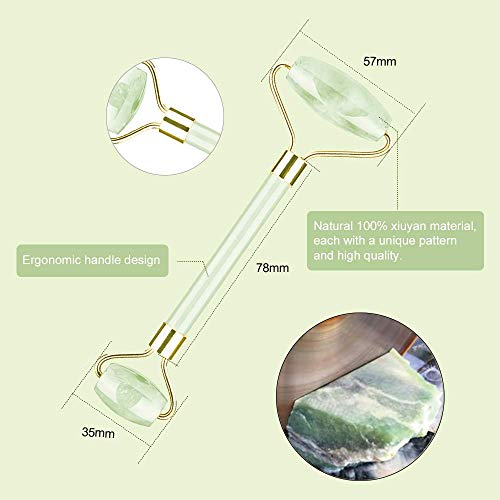 Rouleau De Jade, Jade Roller Visage Rouleau Pierre De Jade Pour Anti-âge, Soulager Les Cernes & Peau Serrage Set Rouleau de Massage de pour Visage, Cou, Jambe Rouleau De Jade Gua Sha for Face(Vert)