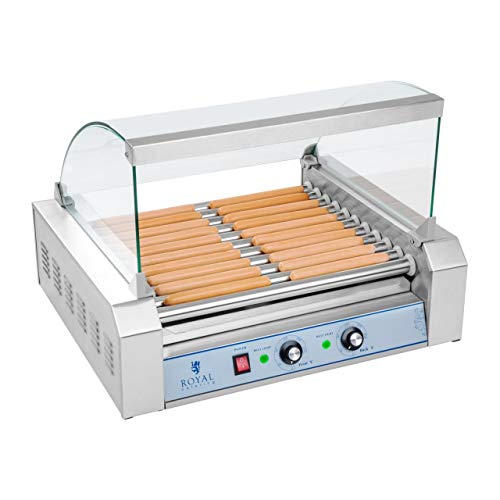 Royal Catering Máquina Asador de perritos calientes RCHG-11E (11 Rodillos, 20 Salchichas, 2200 W, 230 V, 2 Zonas calentadoras individuales, 58,2 x 48 x 42,5 cm, Acero inox)