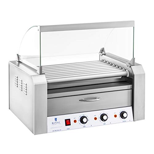 Royal Catering Máquina Asador de Perritos Calientes RCHG-9WO (9 Rodillos, 16 Salchichas, 2200 W, 230 V, Cajón Calentador para panecillos, 2 Zonas calefactoras Independientes, Acero INOX)