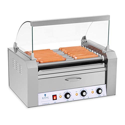 Royal Catering Máquina Asador de Perritos Calientes RCHG-9WO (9 Rodillos, 16 Salchichas, 2200 W, 230 V, Cajón Calentador para panecillos, 2 Zonas calefactoras Independientes, Acero INOX)