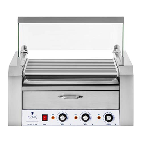 Royal Catering Máquina Asador de Perritos Calientes RCHG-9WO (9 Rodillos, 16 Salchichas, 2200 W, 230 V, Cajón Calentador para panecillos, 2 Zonas calefactoras Independientes, Acero INOX)