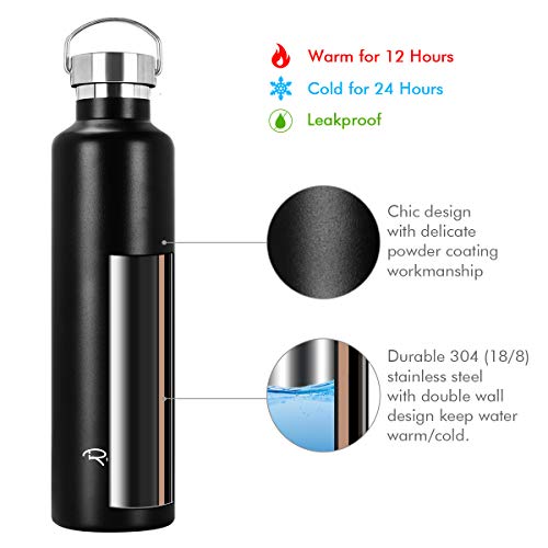 Ryaco Botella de Agua aislada al vacío de Acero Inoxidable, 750ml, diseño de Pared Doble para Mantener Sus Bebidas Caliente y Fría, Sin BPA, Ideal Botella de Agua Deportiva (1000ml, Negro)