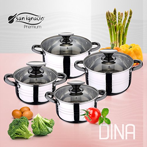 San Ignacio Premium - Bateria de 4 piezas de acero inoxidable, 4 cuchillos y 3 utensilios, acero inoxidable, 1.9L -2.7L -3.5L-5.1L