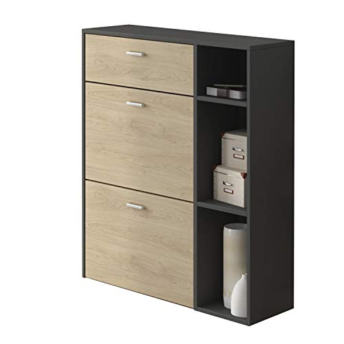SelectionHome - Armario Zapatero, color estructura Gris Antracita, color Puccini en las 2 puertas basculantes y el cajón, modelo Wind, medidas:  90 cm (ancho) x 101.5 cm (alto) x 26 cm (fondo)